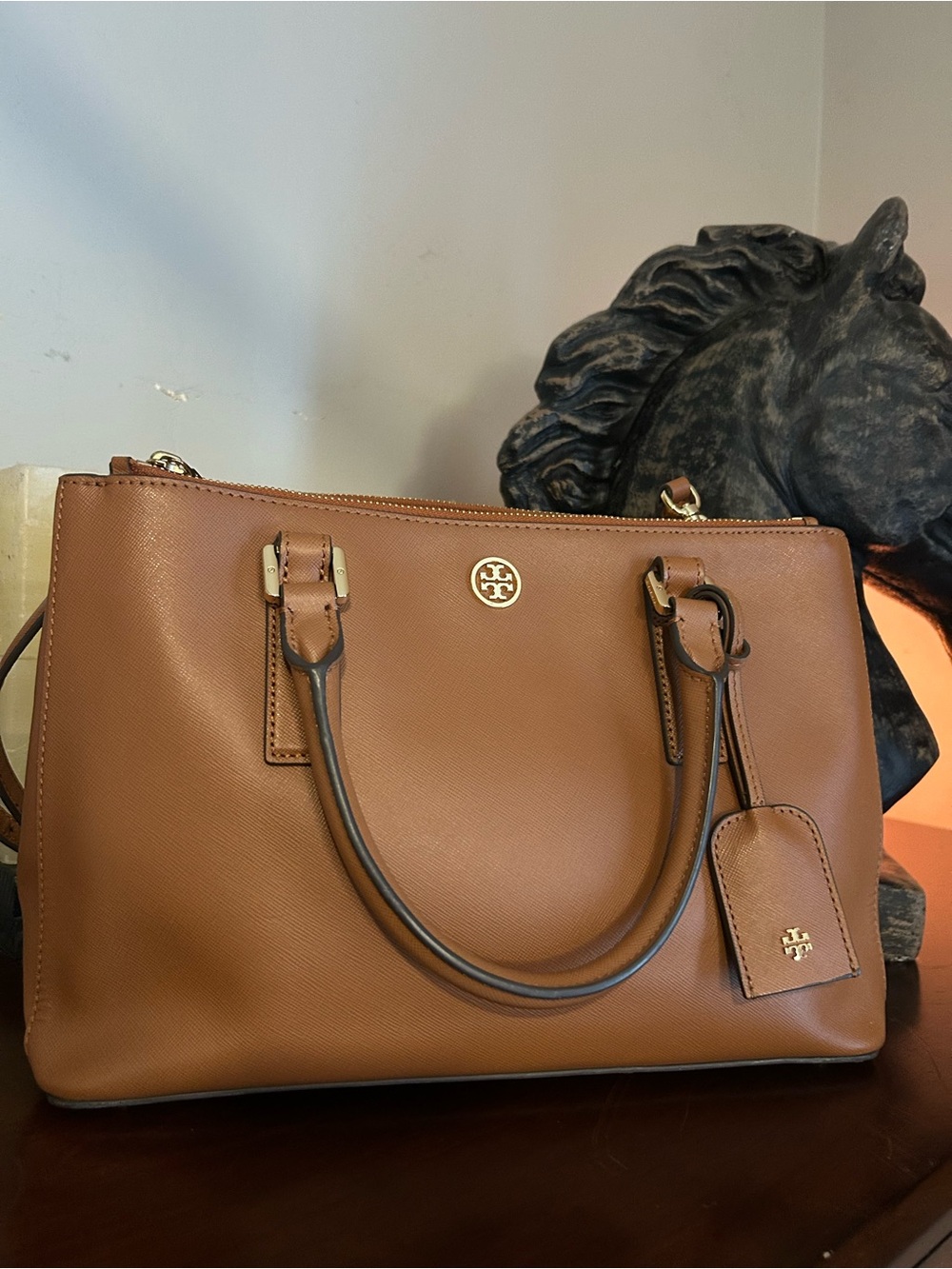 Tory Burch Camel Brown Saffiano Leather Satchel with Gold Logo
